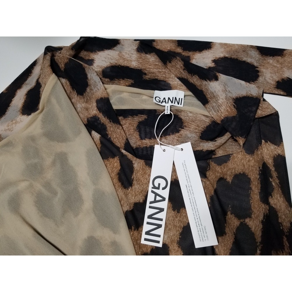 GANNI Leopard Print Mesh Ruffled Wrap Midi Skirt Brown EU 38 US 6 $245 - Picture 13 of 16